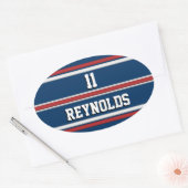 赤い白と青のスポーツジャージーの名前と番号 楕円形シール (封筒)