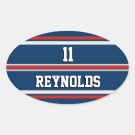 赤い白と青のスポーツジャージーの名前と番号 楕円形シール