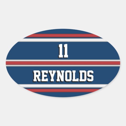 赤い白と青のスポーツジャージーの名前と番号 楕円形シール (正面)