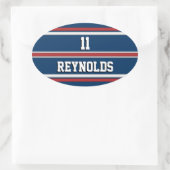 赤い白と青のスポーツジャージーの名前と番号 楕円形シール (バッグ)