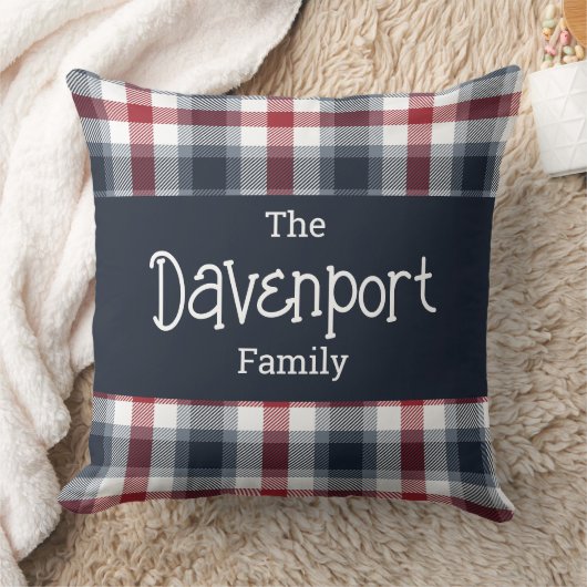 赤い白と青のタータンチェックファミリ名 クッション (ブランケット)