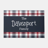 赤い白と青のタータンチェックファミリ名 ドアマット (正面)