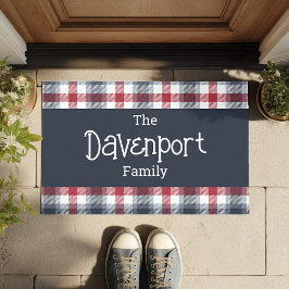 赤い白と青のタータンチェックファミリ名 ドアマット