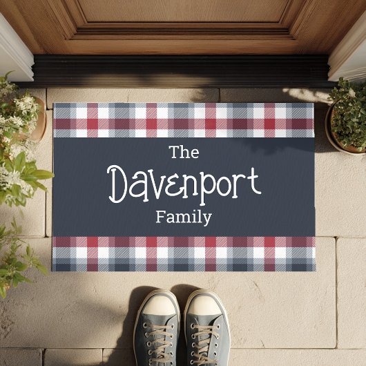 赤い白と青のタータンチェックファミリ名 ドアマット