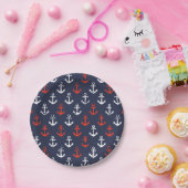 赤い白と青のネイビーパターン ペーパープレート (パーティー)