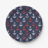 赤い白と青のネイビーパターン ペーパープレート (正面)