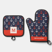 赤い白と青のネイビーパターン 鍋つかみ&鍋敷きセット (正面)