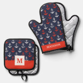 赤い白と青のネイビーパターン 鍋つかみ&鍋敷きセット (正面/裏面)