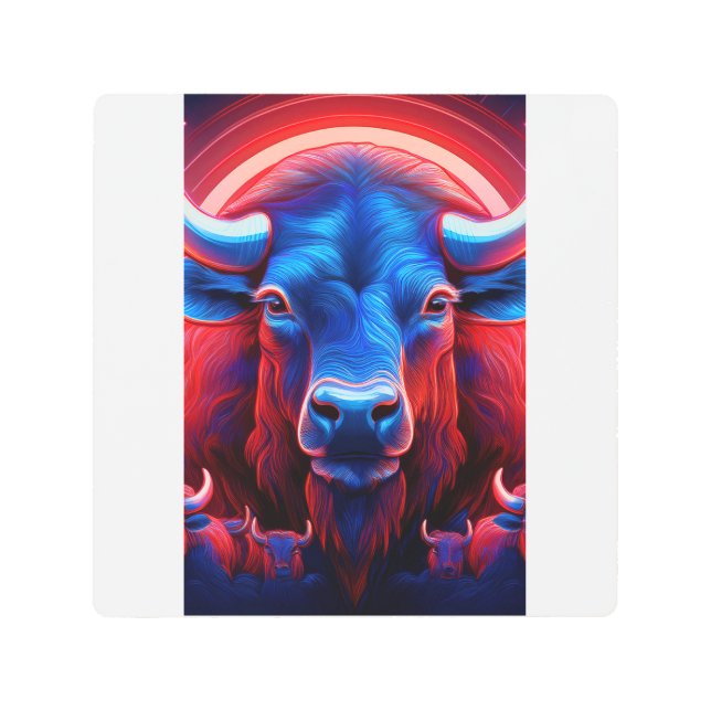 赤い白と青のバッファローの群れ メタルプリント (正面)