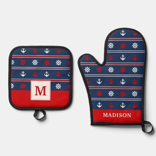 赤い白と青のパター航海のン 鍋つかみ&鍋敷きセット (正面)