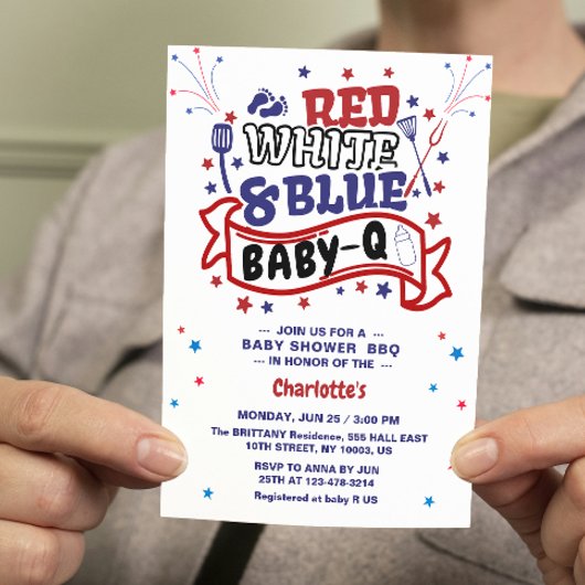 赤い白と青のベビー-Q男の子BBQベビーシャワー 招待状