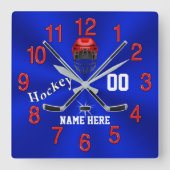 赤い白と青のホッケークロックホッケールームデコール スクエア壁時計 (正面)