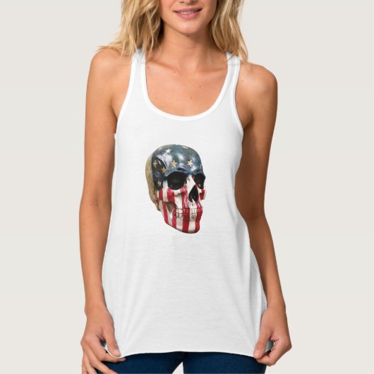 赤い白と青のリアル絵を描なスカル タンクトップ (正面)