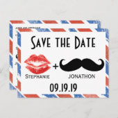 赤い白と青のヴィンテージ日付の保存 案内ポストカード (正面/裏面)