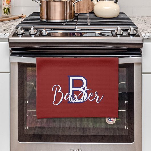 赤い白と青の名前とモノグラムパーソナライズされた キッチンタオル