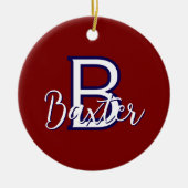 赤い白と青の名前とモノグラムパーソナライズされた セラミックオーナメント (正面)