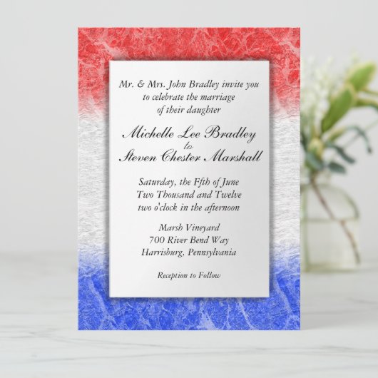 赤い白と青の大理石結婚式招待状 招待状 (スタンド正面)