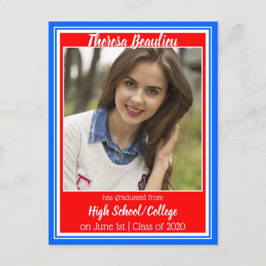 赤い白と青の学校の色の写真卒業 案内ポストカード (正面)