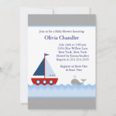 赤い白と青の帆船男の赤ちゃんシャワー 招待状 (裏面)