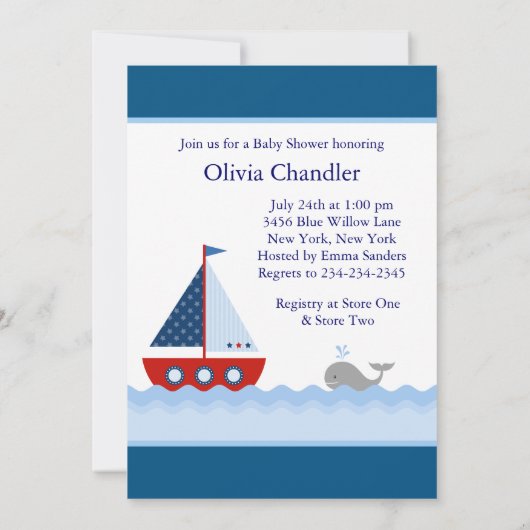 赤い白と青の帆船男の赤ちゃんシャワー 招待状 (裏面)
