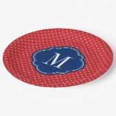 赤い白と青の水玉模様モノグラム ペーパープレート (アングル)