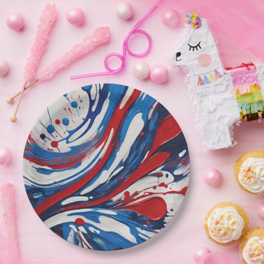 赤い白と青の注絵を描流旋回 ペーパープレート (パーティー)
