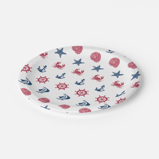 赤い白と青の海のシンボルパターン ペーパープレート (アングル)
