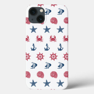 赤い白と青の海のシンボルパターン iPhone 13ケース