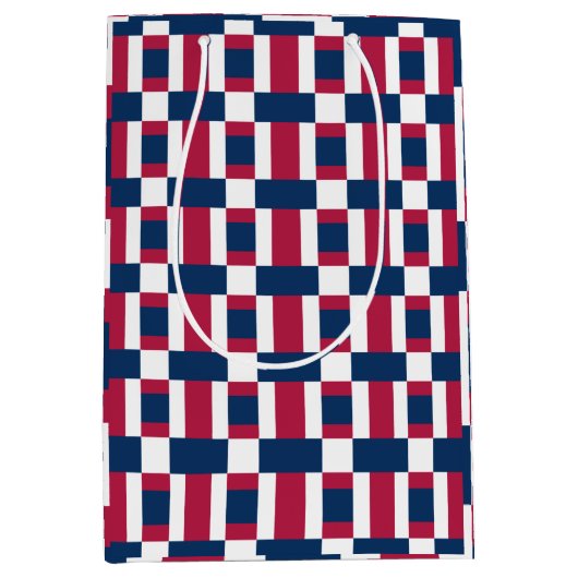 赤い白と青の色のブロックプリント ミディアムペーパーバッグ (正面)