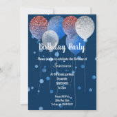 赤い白と青の誕生日バルーンネイビースポット 招待状 (正面)