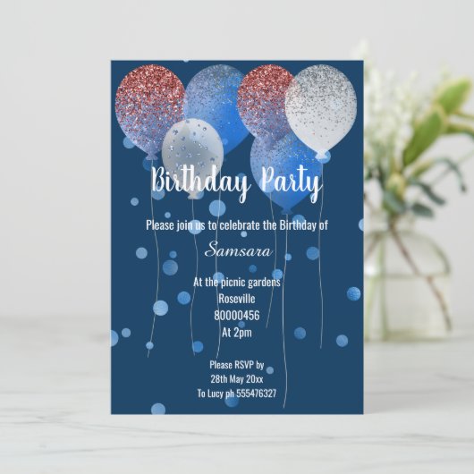 赤い白と青の誕生日バルーンネイビースポット 招待状 (スタンド正面)