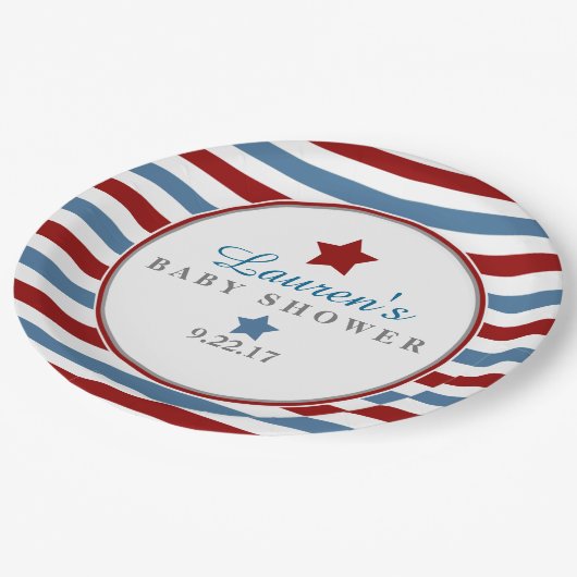 赤い白と青の赤ちゃんシャワー ペーパープレート (アングル)