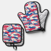 赤い白と青の迷彩 鍋つかみ&鍋敷きセット (正面/裏面)