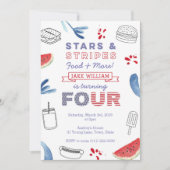 赤い白と青の4歳の誕生日(男の子または女の子) 招待状 (正面)