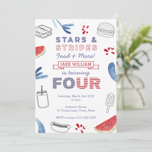赤い白と青の4歳の誕生日(男の子または女の子) 招待状 (スタンド正面)