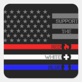 赤い白と青をサポート – Fire/EMS/Police スクエアシール (正面)