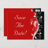 赤い白と黒のフローラ結婚式の日付を保存 案内ポストカード (正面/裏面)