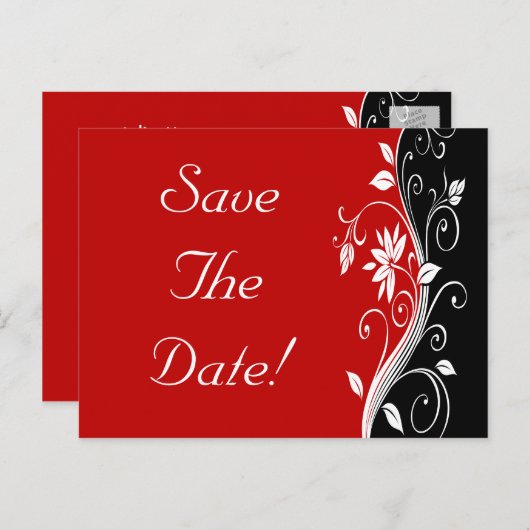 赤い白と黒のフローラ結婚式の日付を保存 案内ポストカード (正面/裏面)