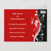 赤い白と黒のフローラ結婚式の日付を保存 案内ポストカード (裏面)