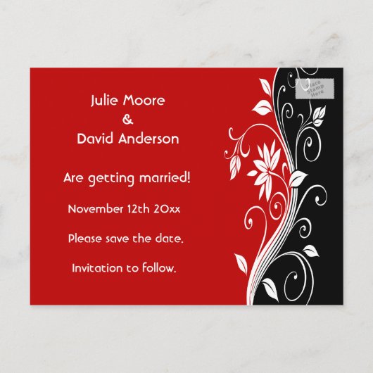 赤い白と黒のフローラ結婚式の日付を保存 案内ポストカード (裏面)
