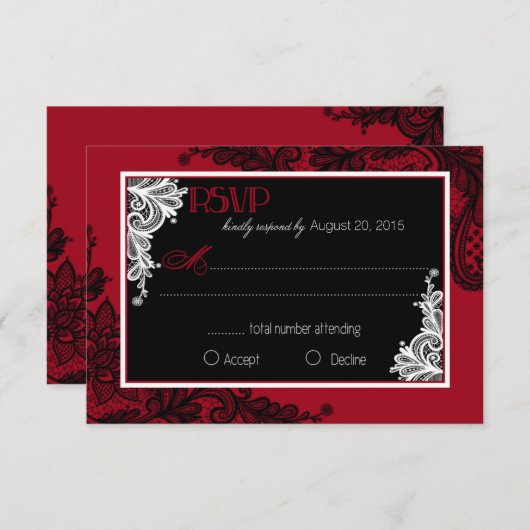 赤い白と黒のレースRSVPエレガントカード 出欠カード (正面/裏面)
