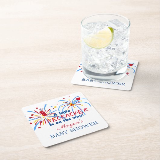 赤い白と7月の赤ちゃんシャワーの期限4日 スクエアペーパーコースター (インサイチュ)