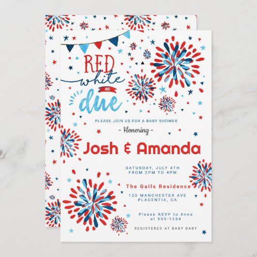 赤い白と7月の赤ちゃんシャワーの期限4日 招待状 (正面/裏面)