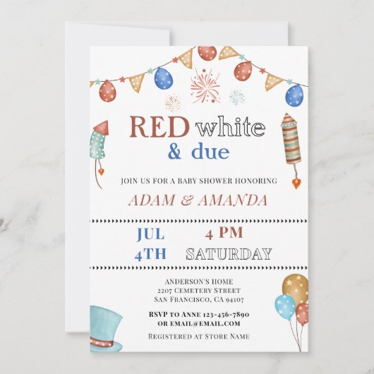 赤い白と7月4日の赤ちゃんシャワー 招待状 (正面)