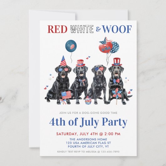 赤い白とWoof愛国犬7月4日パーティー 招待状 (正面)