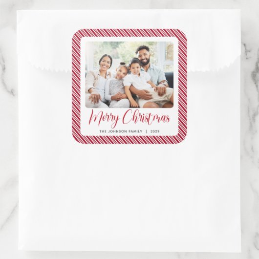 赤い白のストライプクリスマスの写真 スクエアシール (バッグ)