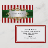 赤い白のストライプリボン、緑のリボン、金ゴールド枠のラベル 名刺 (正面/裏面)