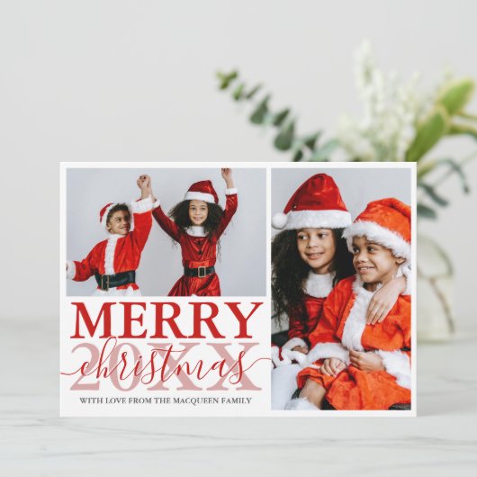 赤い白のスノーフレーク家族の写真コラージクリスマス シーズンカード (スタンド正面)