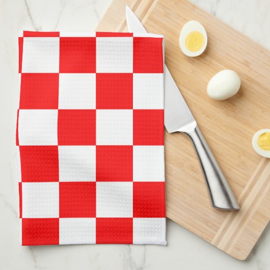赤い白のチェッ市松模様にクパターン キッチンタオル (四つ折り)