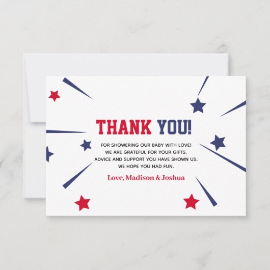 赤い白のデューテメッド7月の赤ちゃんシャワーの4th サンキューカード (正面)